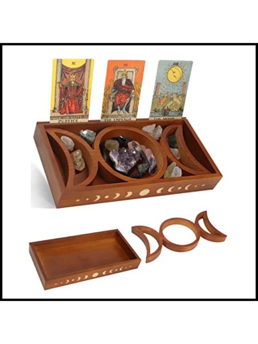 Wooden Tarot Card Holder Triple Moon Crystal Organizer Altar Display
